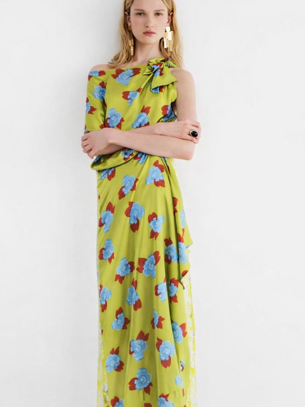 Zara One-Shoulder Floral Maxi Dress in Lime Green with Blue and Red Accents - Picture 1 of 14